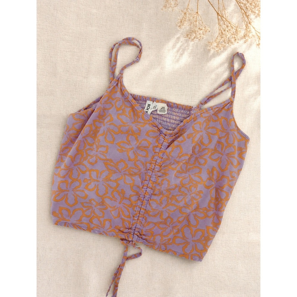 Roxy Camisole Top Juniors L Purple Orange Floral Ruched Front Smocked Back